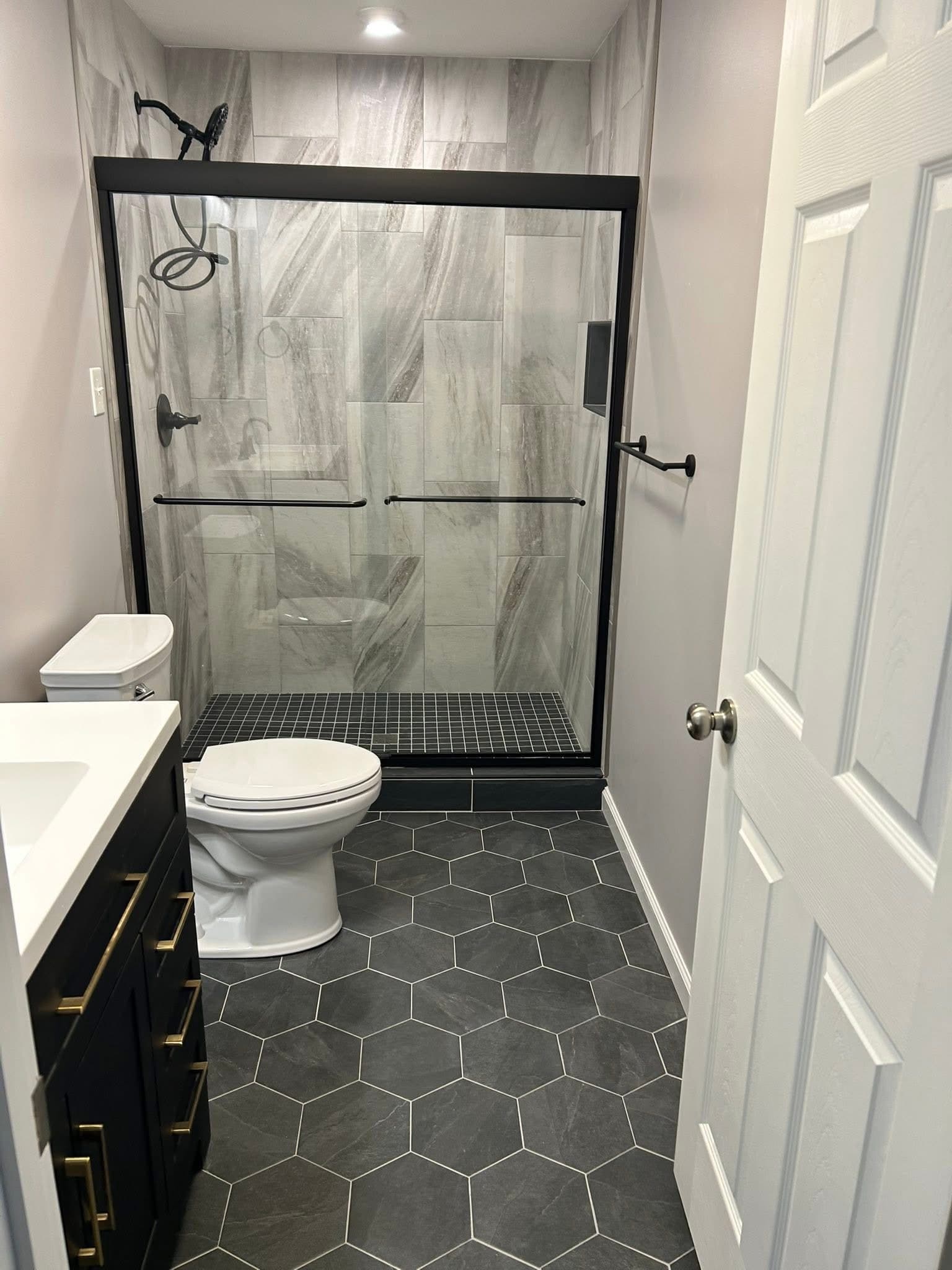 Marble Shower with Hex Floor