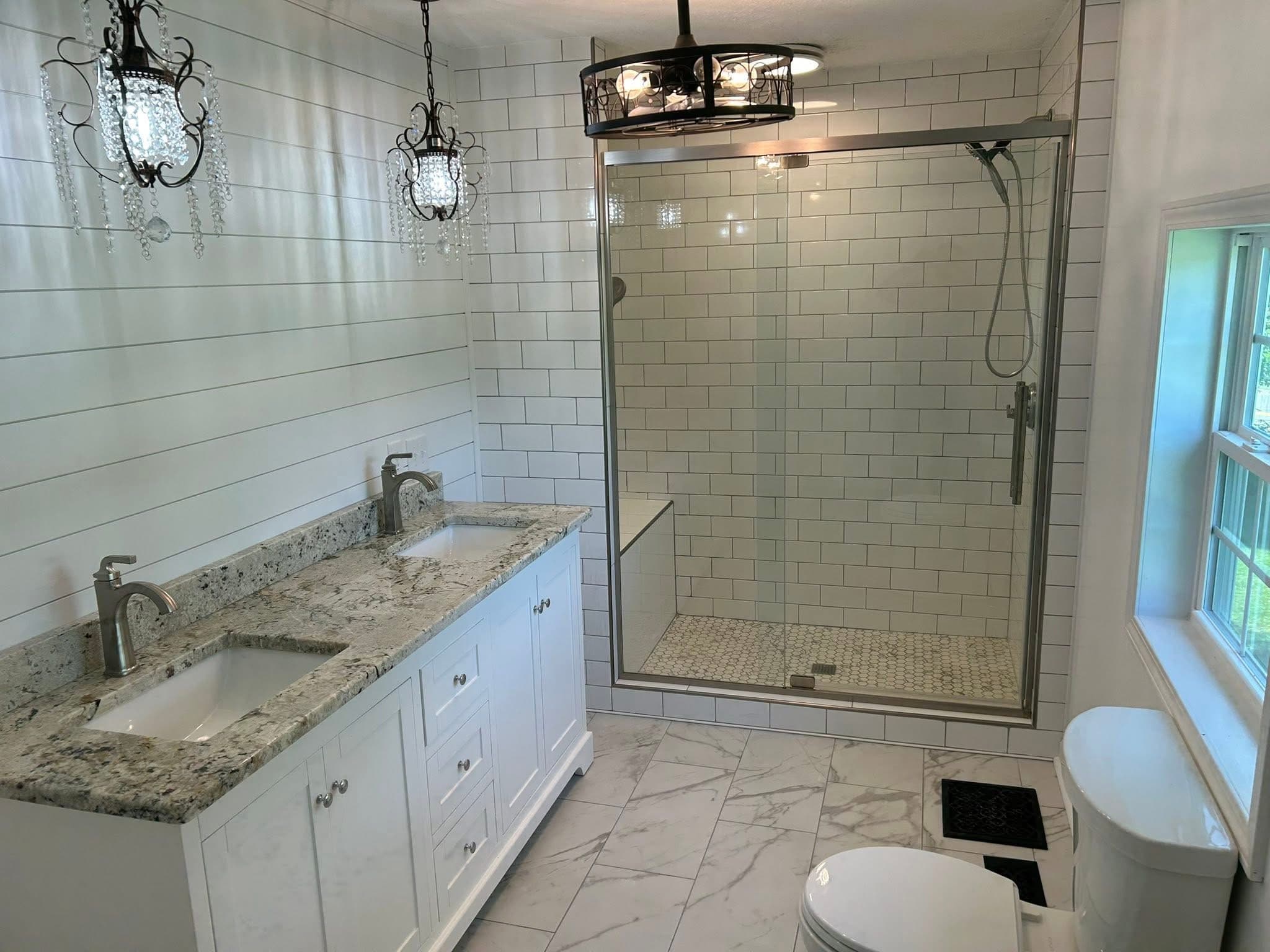 Shiplap Bath with Crystal Chandeliers