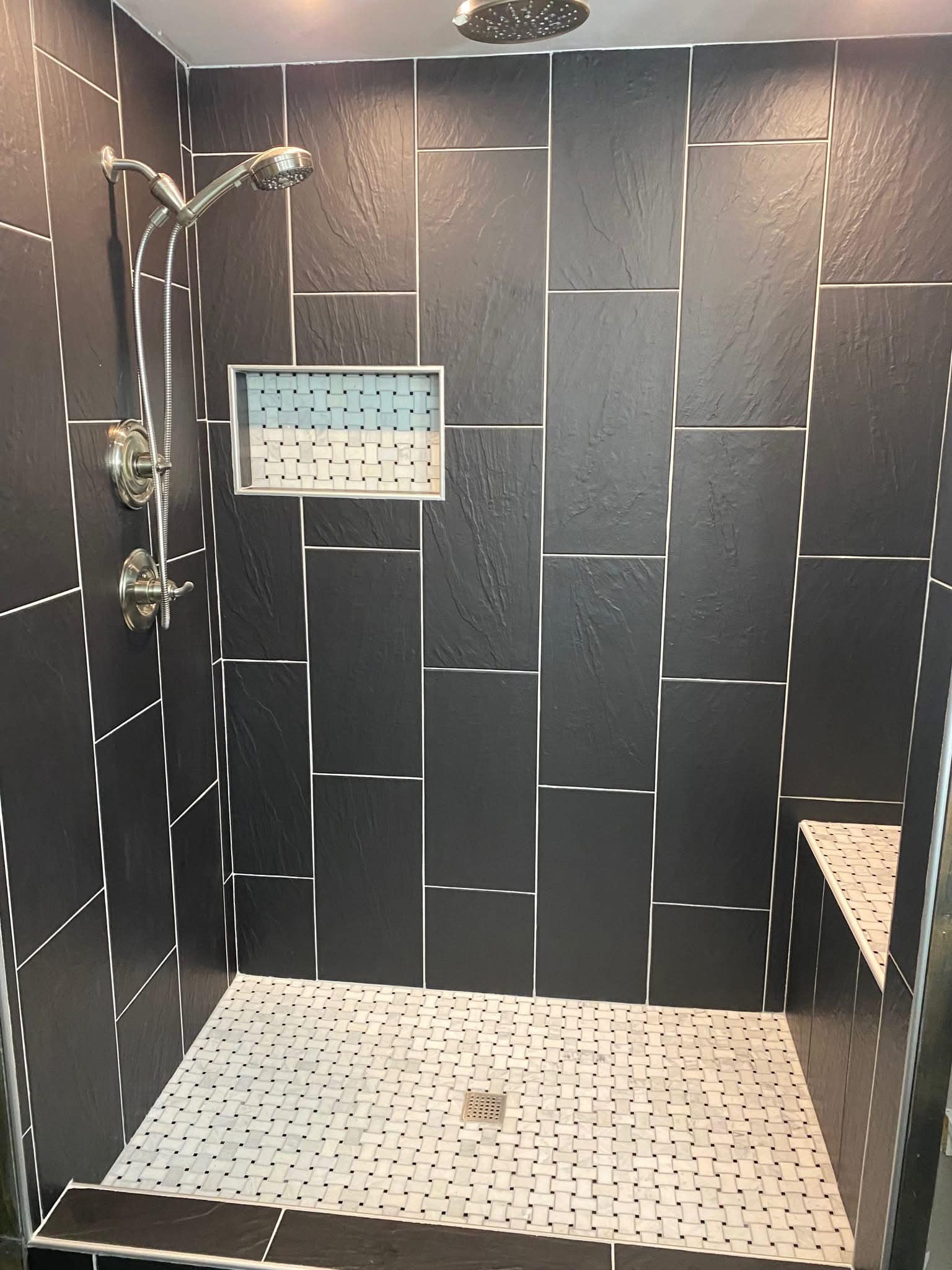 Slate Shower with Basketweave Floor