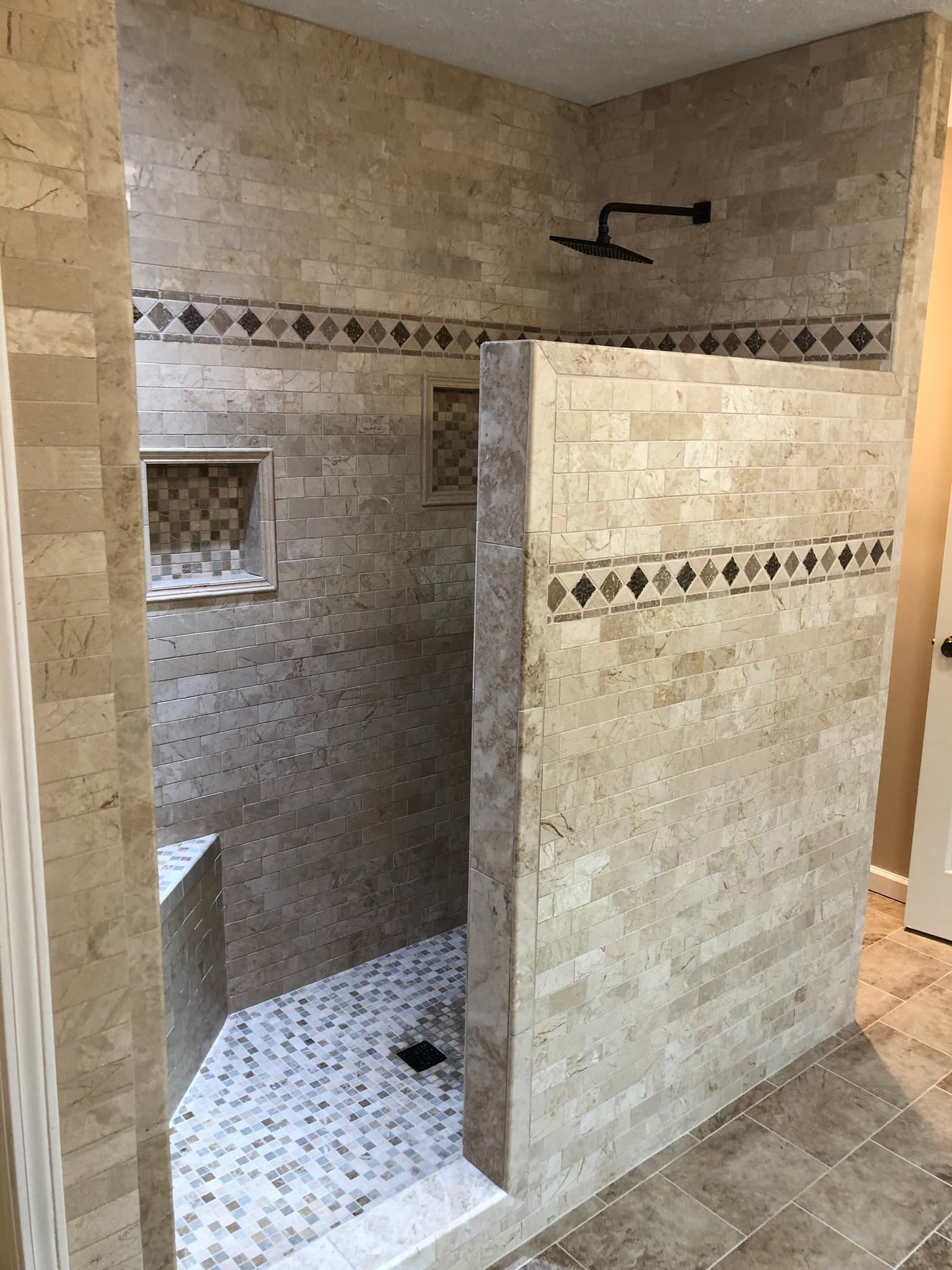 Travertine Shower with Diamond Accent